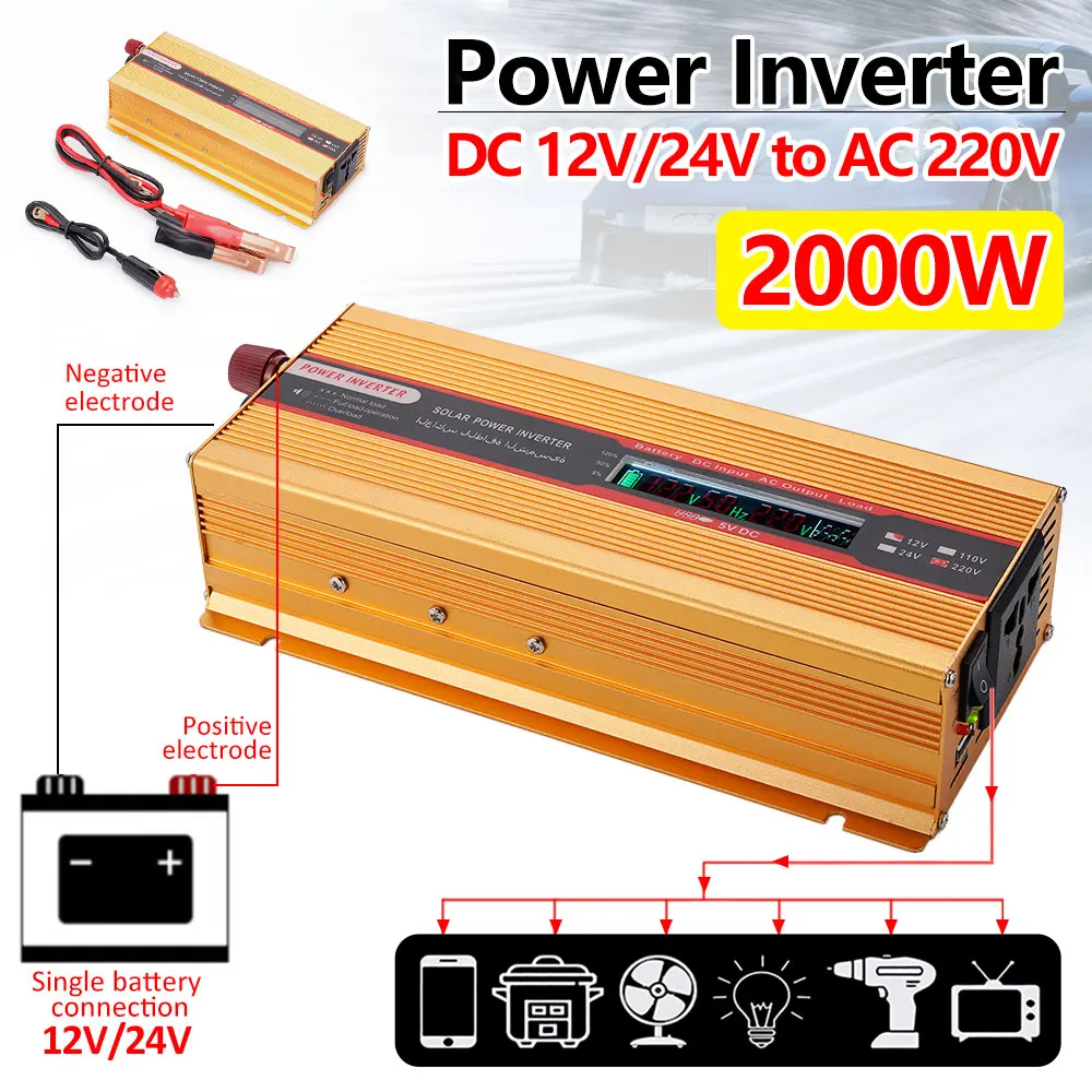 Imagem -02 - Conversor de Energia do Transformador de Tensão do Carro 2000w dc 12 24v a 220v ac Onda Senoidal Modificada Display Lcd Soquete de Carregamento Rápido