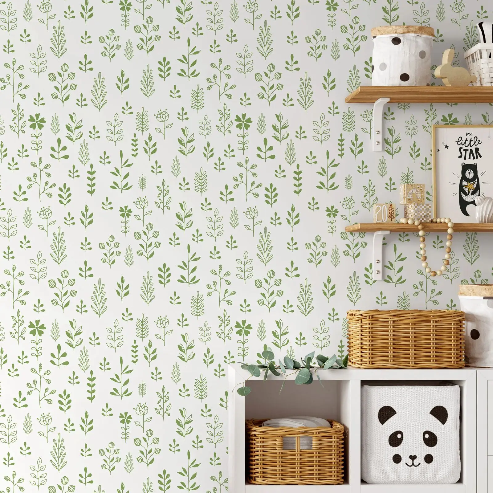 Green Minimalist Leaf Wallpaper, Boho Plant Wallpaper Peel and Stick and Traditional Wallpaper Two Options,Customize Size /Color