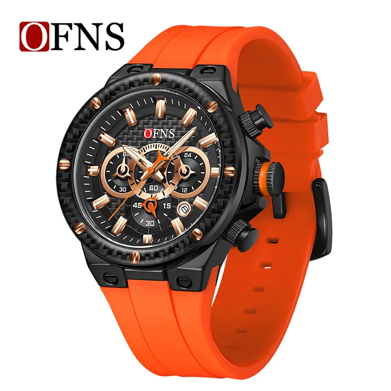 

Ofns Men Chronograph Watch 50.5mm Large Dial Six-hands Multi-function Quartz Date 3ATM Waterproof Silicone Strap Sports Clock