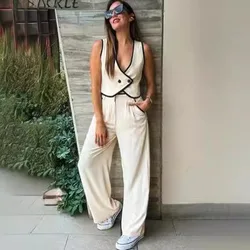 Pants Suit For WomenElegant Patchwork Vest, Single-breasted Sleeveless Vest, Wide-leg Pants 2024 New Style For Women2-piece Set