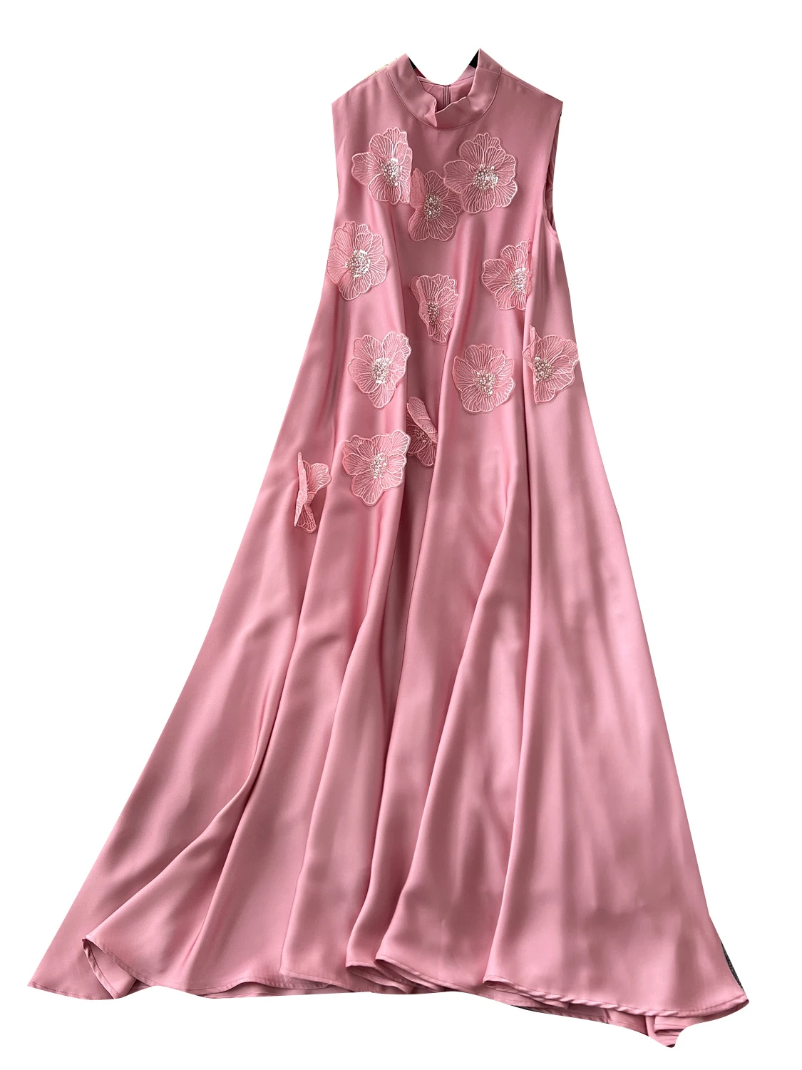 Ele Zware Verfraaid 3D Bloem Ronde Ne Svel Dr Vrouwen Losse Afslanken Satijnen Lange Rok Koreaanse Sle Hoge Taille