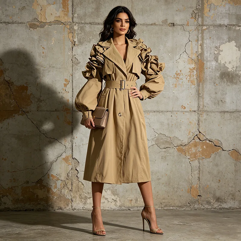 ZAMOR Chic Mid-Long Trench Coat 2026 New Lapel Long Sleeve Ruffle Hem Contrast Slim Fit Women Outerwear