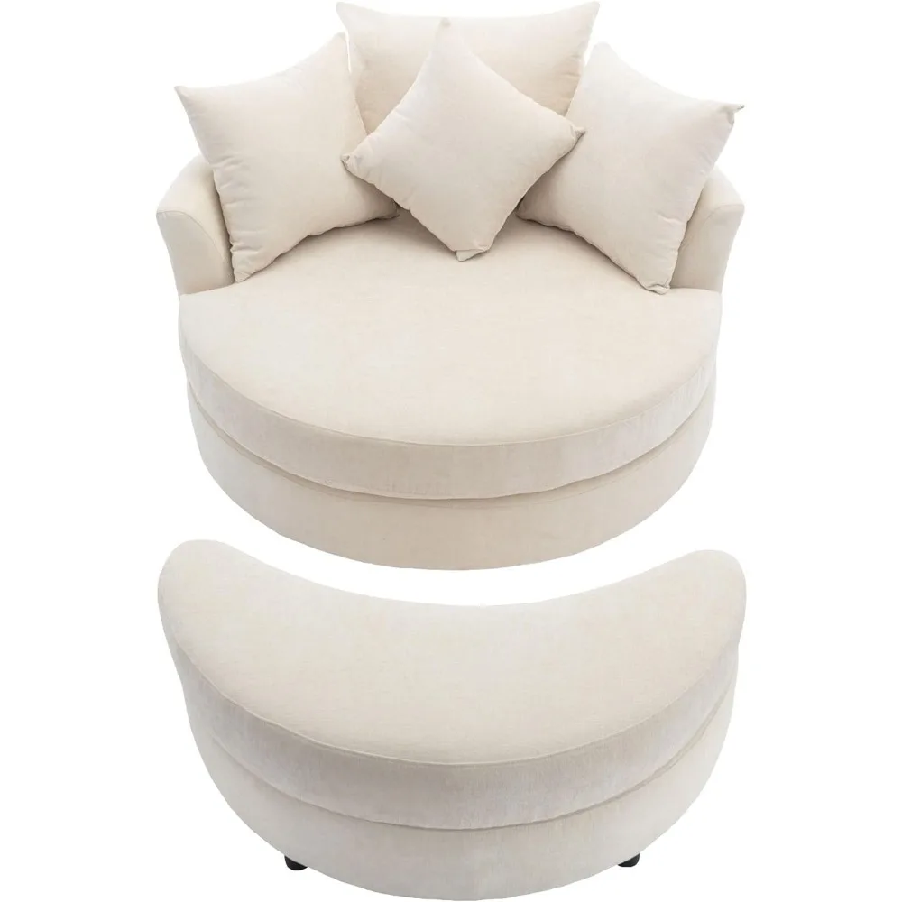 Swivel Book Nook Chair with Storage Ottoman and 4 Movable Pillow Backrest, 360° Rotating Round Barrel Sofa Chair