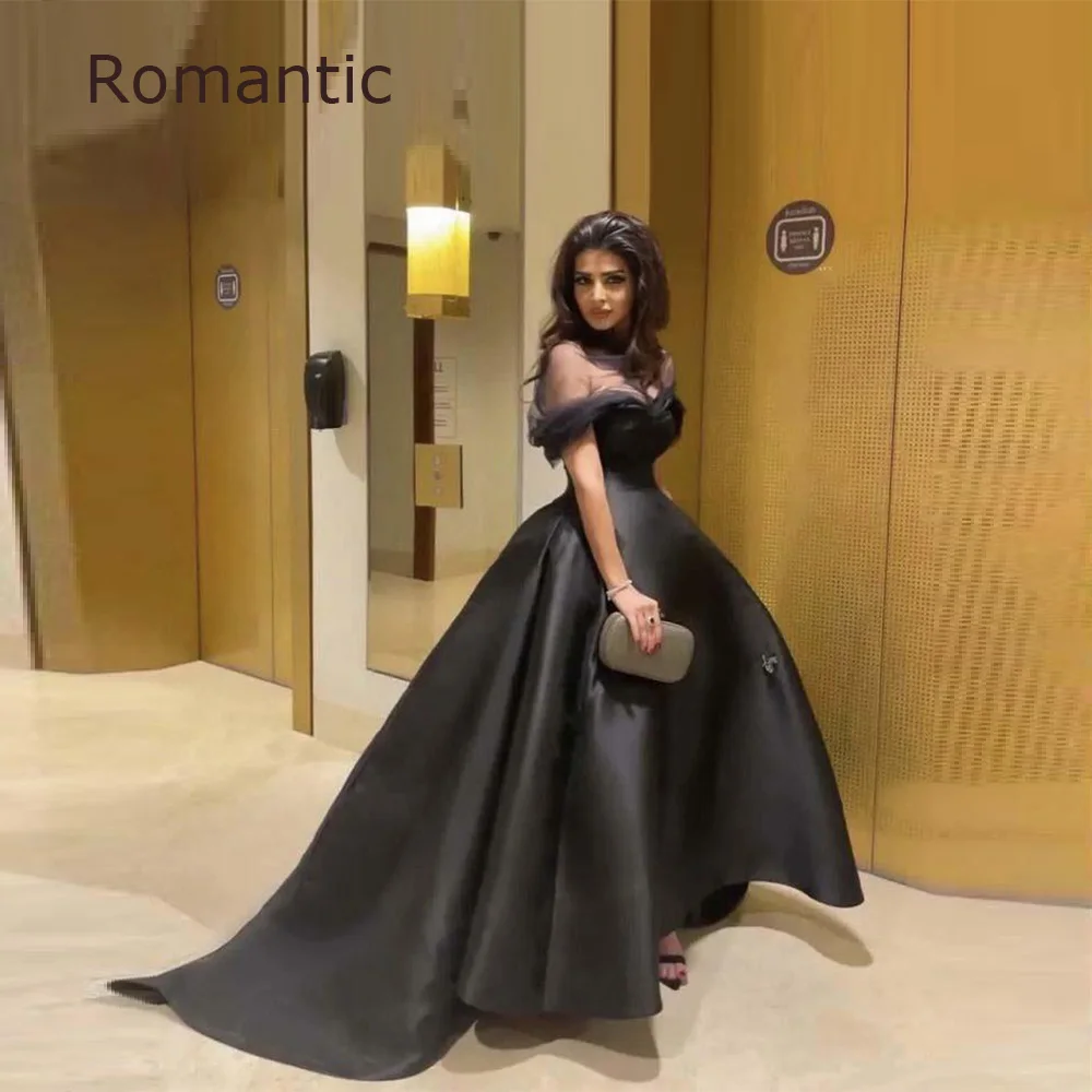 

Romantic Elegant Satin Long Formal Evening Dress Sleeves Off The Shoulder Sweetheart Strap Saudi Arabia A-Line Ball Prom Gown