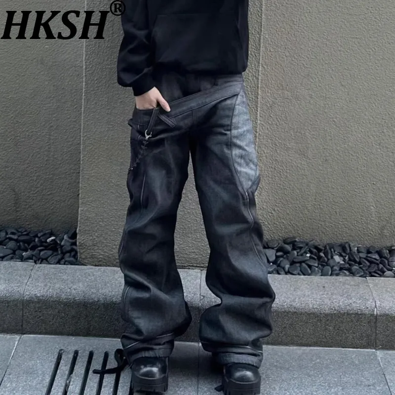 HKSH Spring Autumn New Men Tide Chic Ins Raw Double-Waist Jeans Niche Patchwork Fake Two-Piece Straight Denim Pants Y2K HK27310