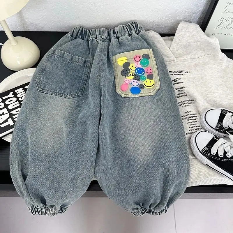 Spring Autumn Children's Clothing New Boys Casual Baggy Jeans Gradient Wash Denim Pants Kids Smiling Face Print Trousers