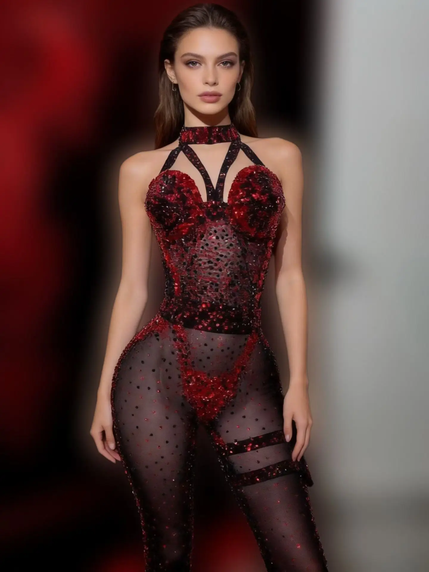 Women Halter Black Mesh Jumpsuit Sparkly Red Rhinestone Sheer Mesh Skinny Pants Singer Dancer Stage Performance Wear Xinghong