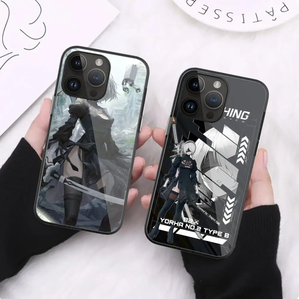 N_nieR 2B Automatas Phone Case For iPhone 16 Pro Max 15 14 13 12 Mini 11 XR XS 8 7 Plus Black Art Glass Cases