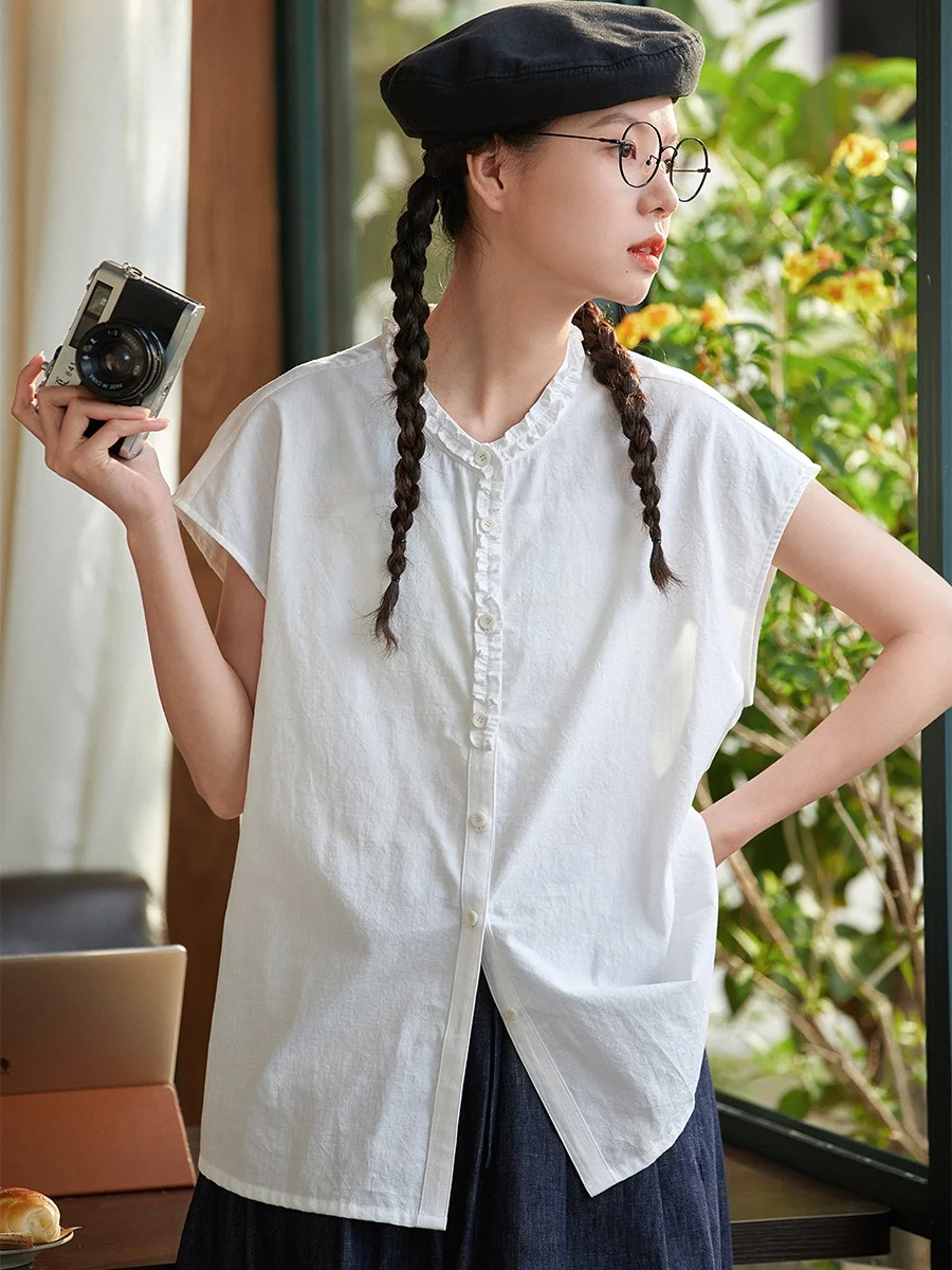 

Original Design Pure Cotton White Shirt Women's Summer Slim Fit Shoulder Covering round Neck Cotton Blend Breathable Comfortable