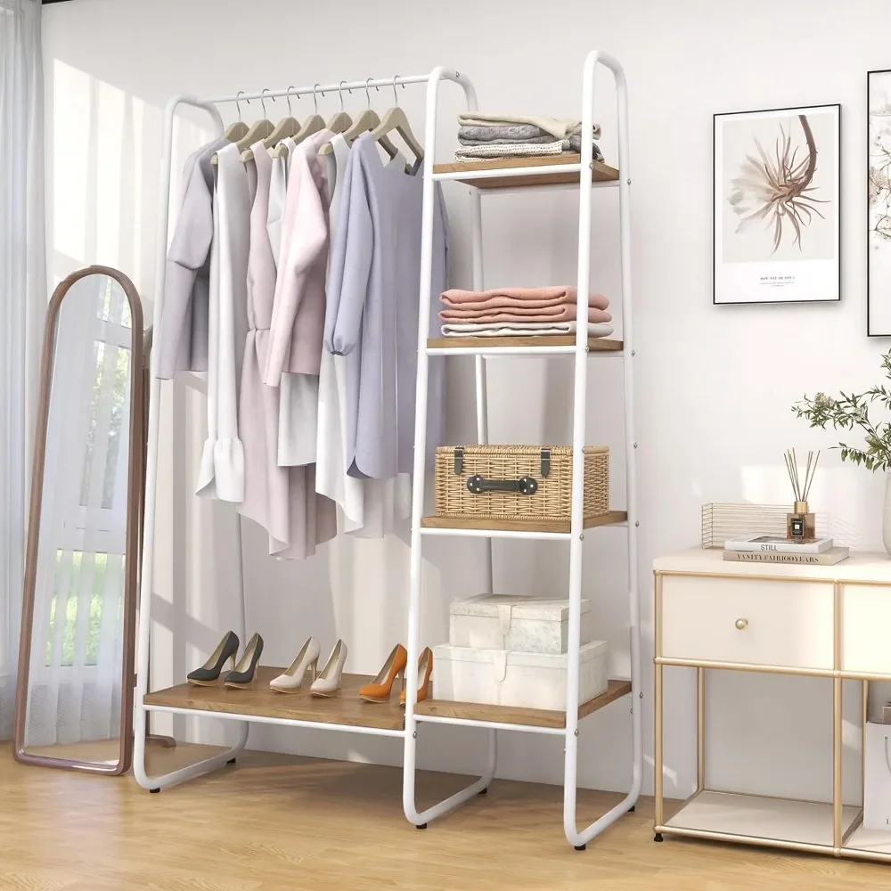 

Garment Rack with Shelves, Clothes Rack with 5 Shelves & Hanging Bar, Open Wardrobe for Hanging Clothes and Storage