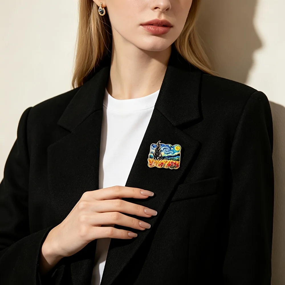 Van Gogh Starry Night enamel brooch, retro art pin for coat collar. Literary holiday accessory, perfect gift .
