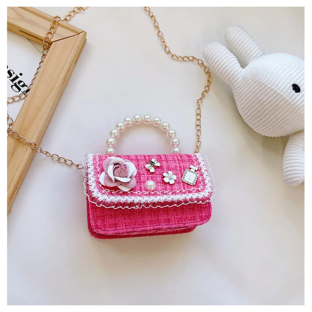 New Flower Decoration Small Square Bag Mini Pearl Handle Crossbody Bags Korean Style Shoulder Bag Children