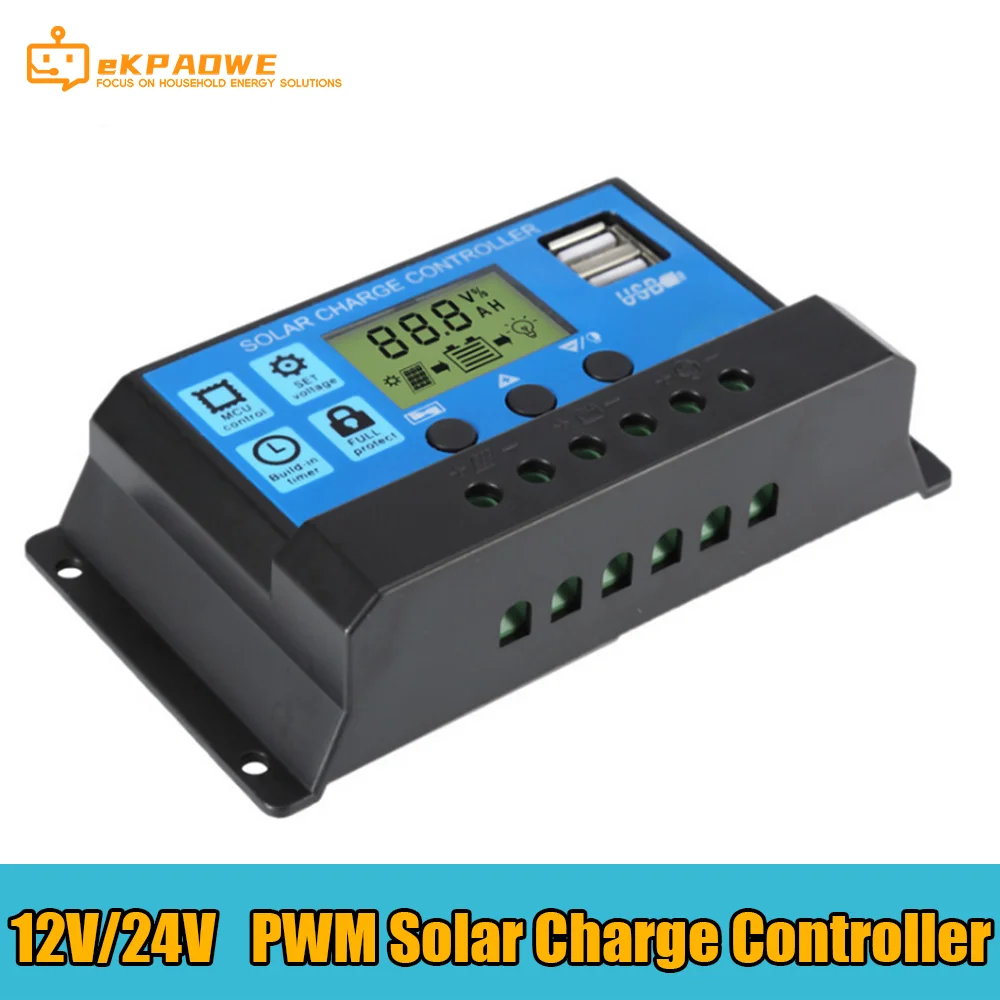 60A Solar Panel Charge Controller 12V 24V 2 USB 10A 20A 30A 40A 50A 60A Solar Controller Battery Charge Regulator PWM controller