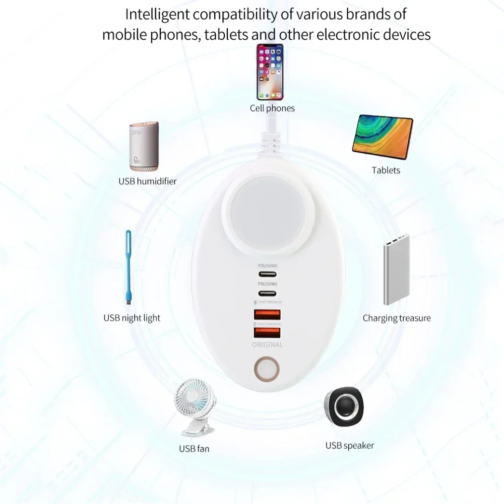 50W USB C Charger With Touch LED/ Fill Light Plug-in Charger 2 USB Port 2 TYPE-C Multi-ports Intelligent Fast Charging Charger