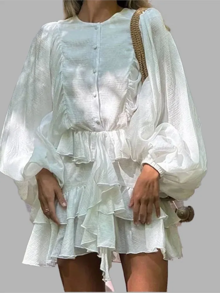 

Fashion Chic Round Neck Long Sleeve Ruffles Mini Dresses Elegant Solid Layered Curling Edge Single-breasted Gown New Lady Dress