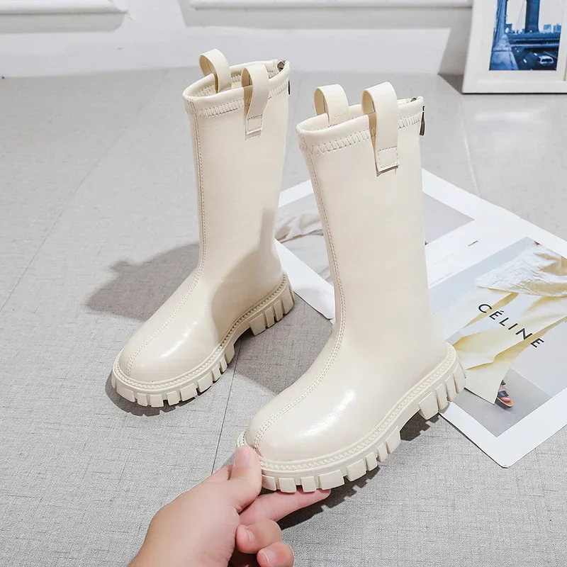 Botas altas con cremallera trasera para niñas, zapatos informales antideslizantes de punta redonda a la moda para niños, PU, negro, Beige, algodón