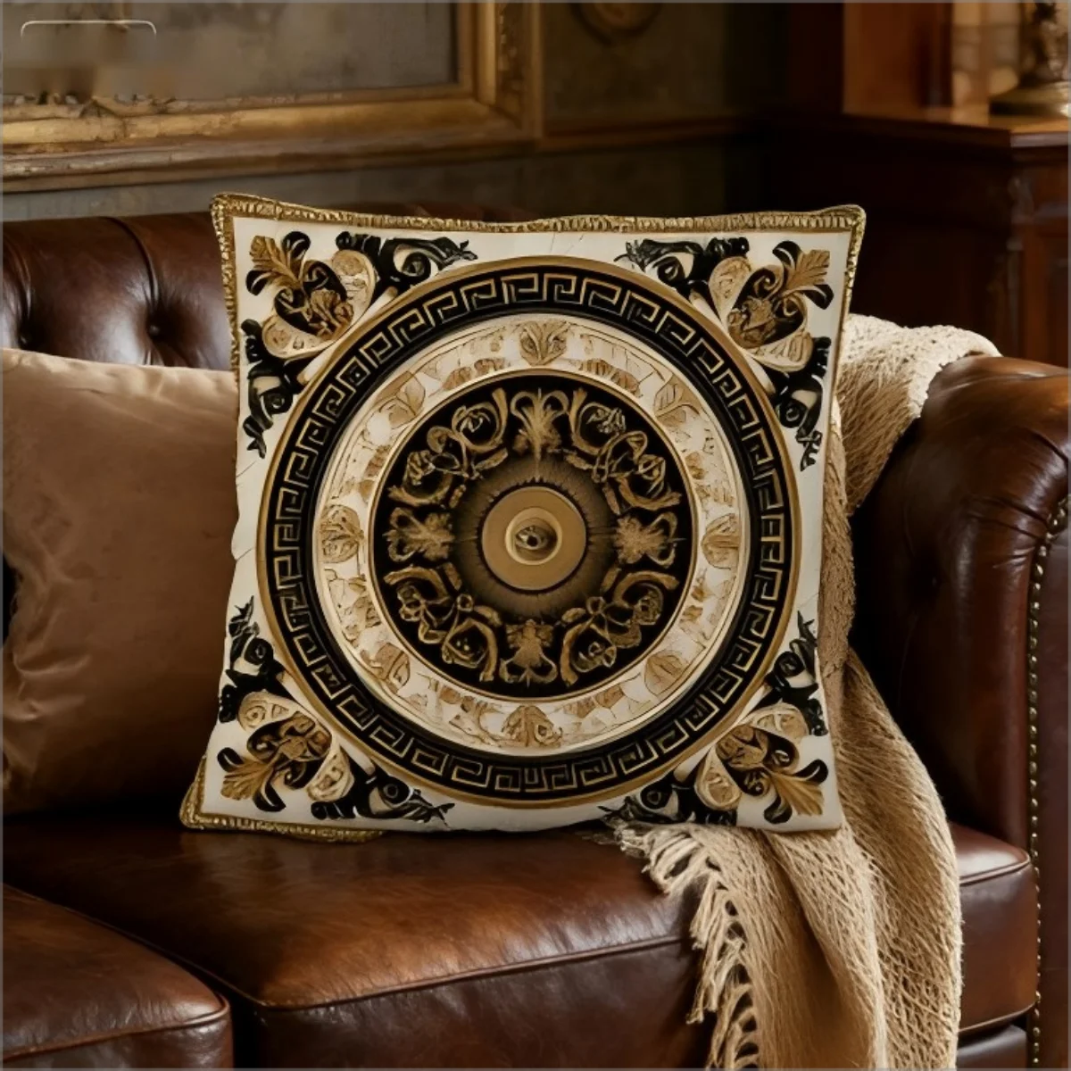 Luxuriöser Kissenbezug im Europäischen Stil Schwarz-Gold Barock-Medaillon-Druck Weicher Zierkissenbezug für Vintage Königliche Heimdekoration Geschenk