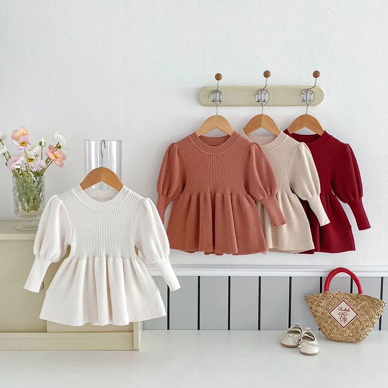 2025 New Knitted Kids Girls Sweater 9M-5T Solid Color Knitted Princess Dress Pullover Children Baby 4 Colors Knitwear Tops