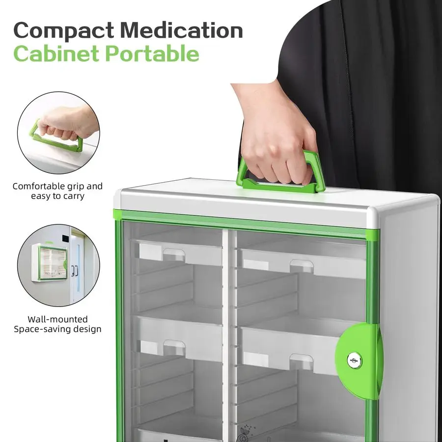 خزانة أدوية مع صندوق قفل أدوية مثبت على الحائط باللون الأخضر مقاس 15 × 6.7 × 13 بوصة حاوية تخزين محمولة بسعة كبيرة #5