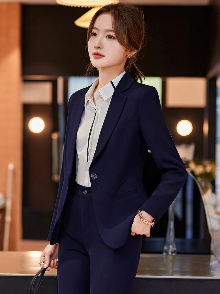 Pure color suit jacket spring and autumn temperament women\'s suit interview formal hotel office uniform two piece sets womens