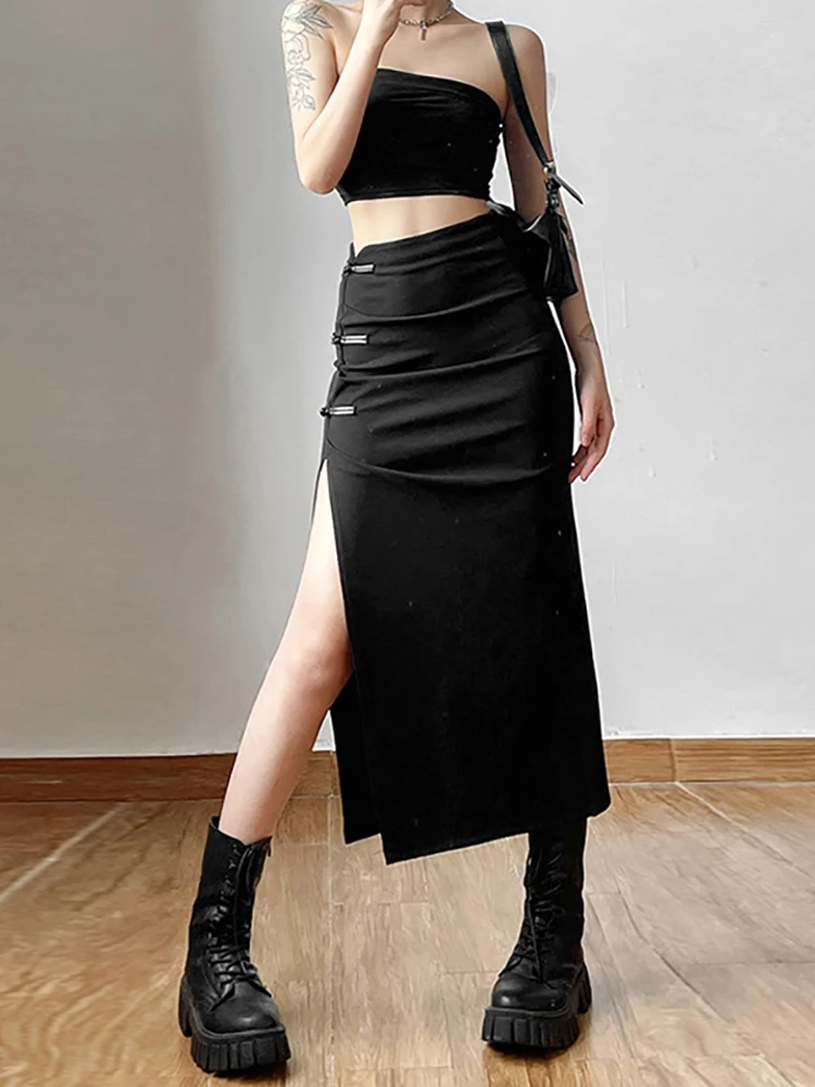 Saias Midi Cargo Preto Escuro Goth para Mulheres, Y2K Grunge Gothic Split Sexy Saia de Cintura Alta, Moda Coreana, Calças De Outono, Streetwear