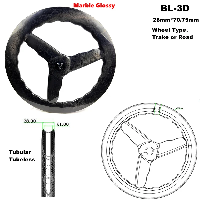 

BIKEDOC SP-BL3D 700C трековый/дорожный велосипед, 3 спицы, карбоновые колеса, бескамерная волна, мраморная отделка, полностью карбоновые велосипедные колеса