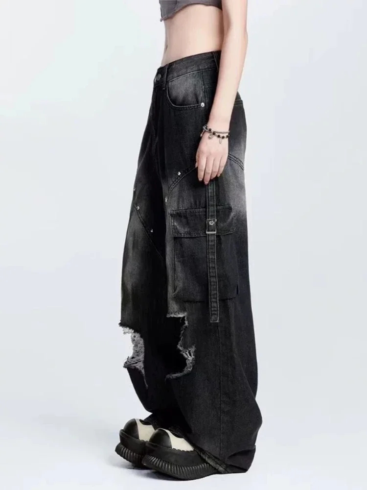 ADAgirl Black Ripped Cargo Jeans Women Y2k Streetwear Retro Oversize Do Old Hollow Out Denim Pants Hip Hop Harajuku Chic Bottoms