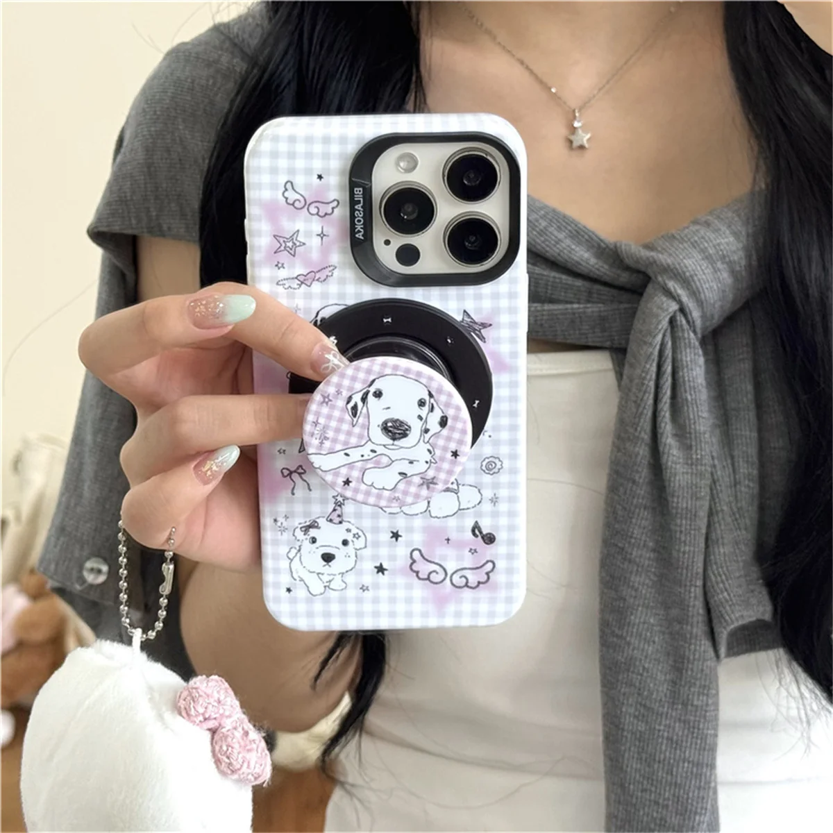 

Korean Ins Cute Plaid Pattern Cartoon Dog Magnetic Phone Case For iPhone 15 Pro 14 13 15 Pro Max Back Cover with Holder Cases