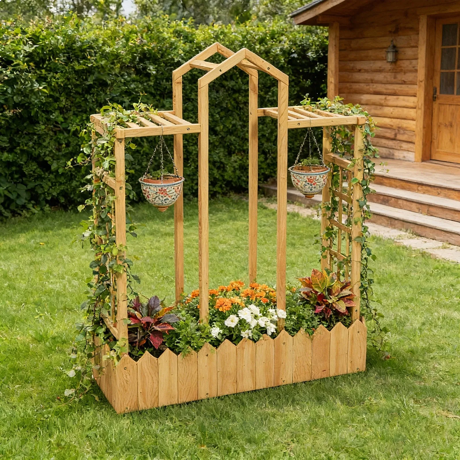 Wooden Planter Box with Hanging Roof & Side Trellis, Raised Garden Bed for Yard