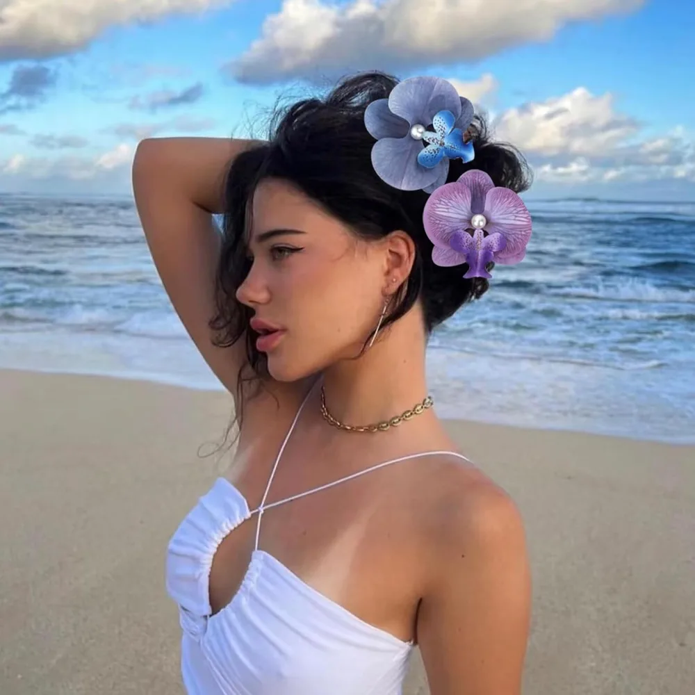 Jepit Rambut Bunga 6 Buah - Jepit Rambut Anggrek Tropis Hawaii Jepit Rambut Bohemian dengan Bunga Sutra Buatan untuk Wanita Pantai