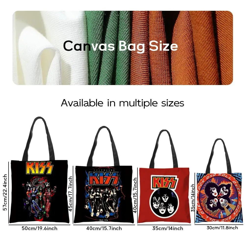 Storage Bags Linen Shopper Reusable Tote Grocery Storage Bag Portable Large Capacity Hard Metal Rock K-Kiss Band Music