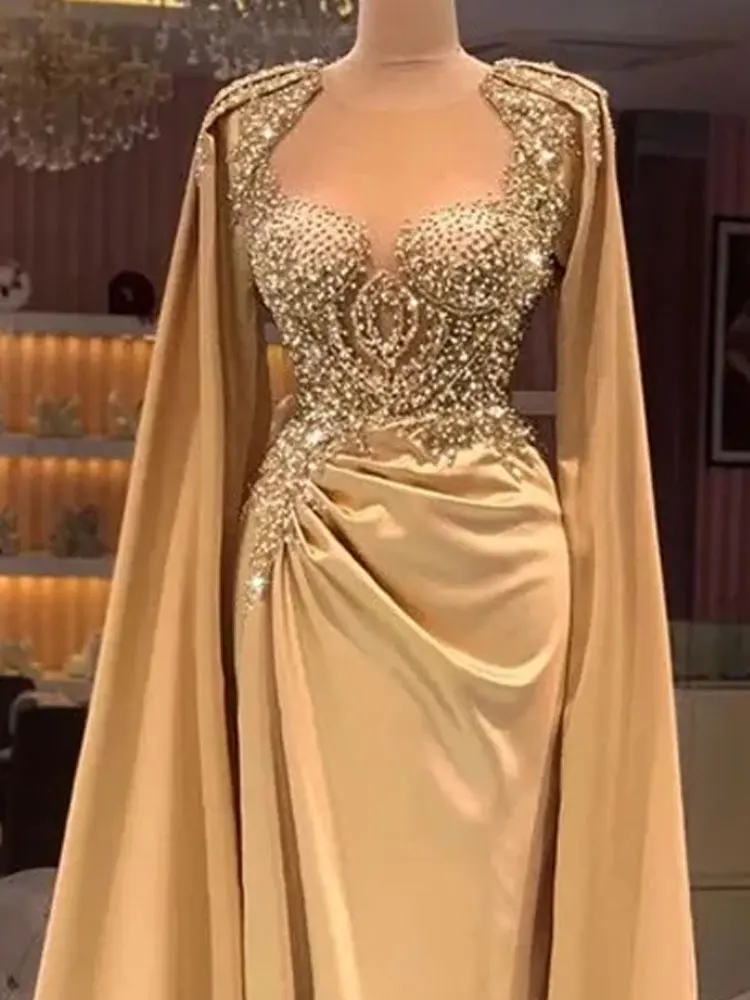 Luxury Champagne Evening Dresses with Wrap Sheer Neck Lace Beaded Pearls Celebrity Gowns Red Carpet Dress Custom Robes New