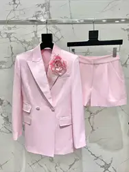Effen kleur colbert met dubbele rij knopen, korte broek met hoge taille, tweedelige damesset, elegante klassieke casual nieuwe damesset