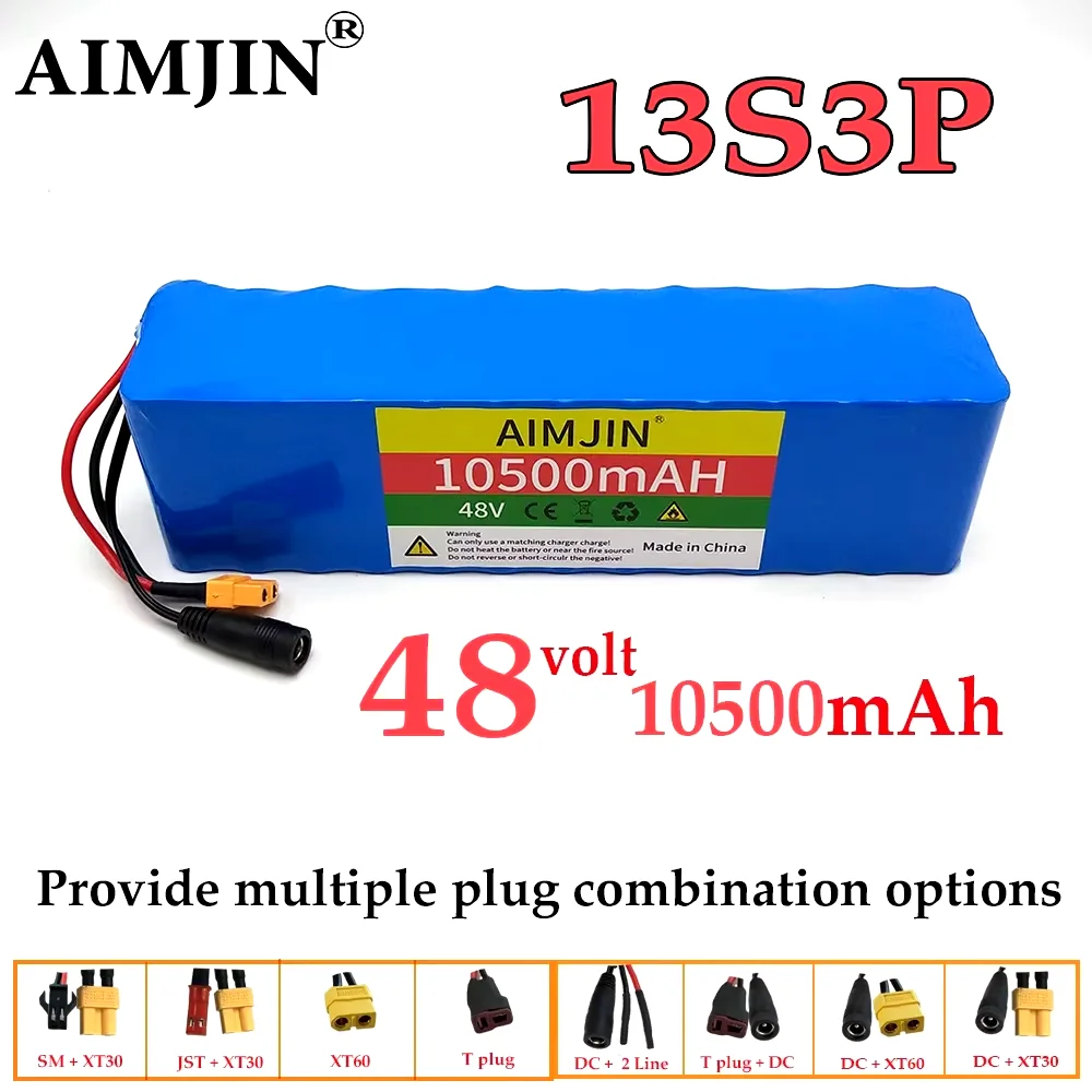 

13S3P 48V 10500mAh 10.5Ah Lithium-ion Battery Pack with 1000W BMS for 54.6V E-bike Electric Bicycle Scooter
