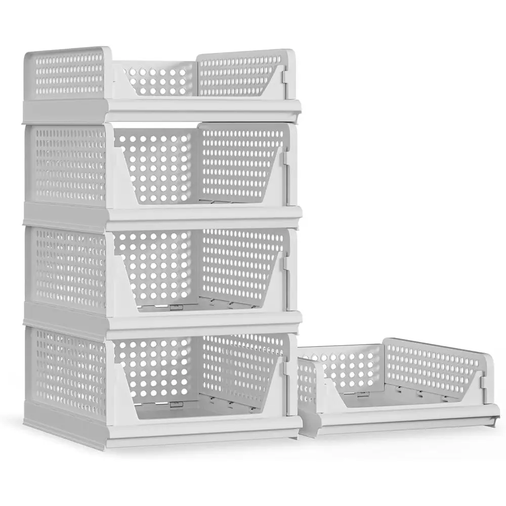 

5 Pack Stackable Plastic Storage Basket Closet Organizer Bin Foldable Clothes Organizer Storage Drawer Shelf Container for Livin