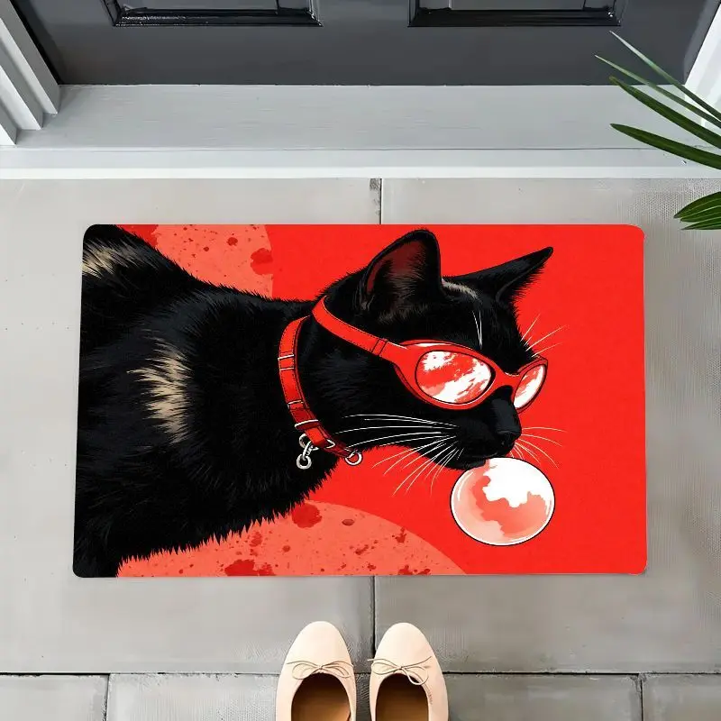 Cool Black Cat Door Mat, Red Sunglasses & Bubble Gum Pattern, Funny Pet Welcome Rug, Non-slip Entrance Floor Mat, Cat Lover Gift