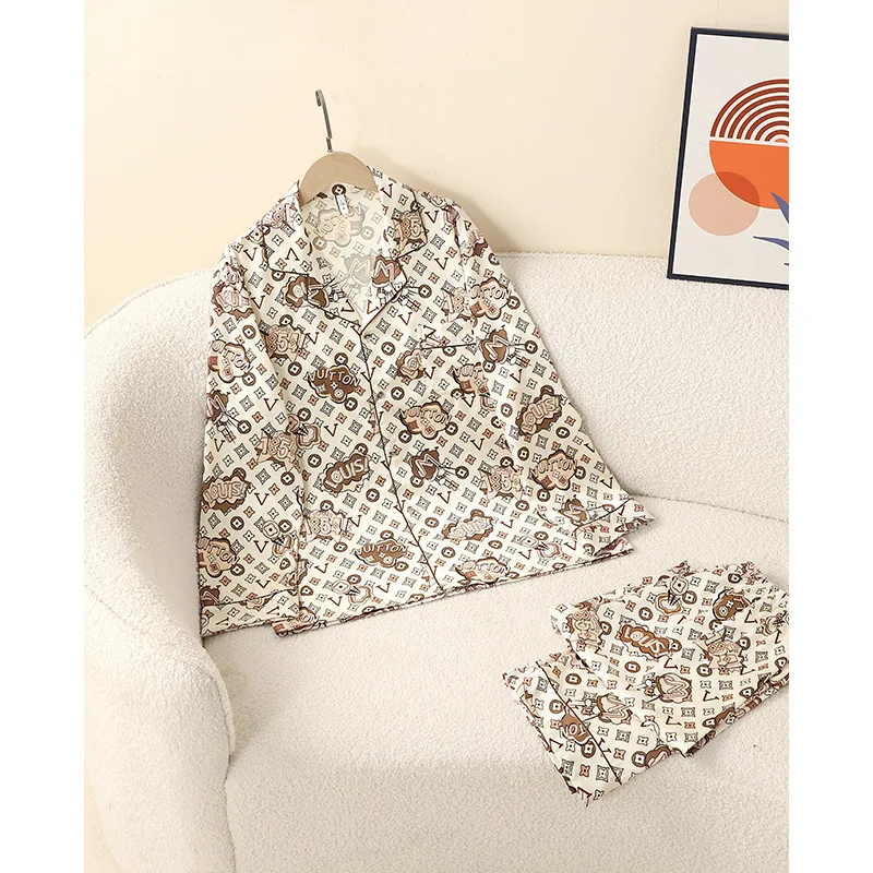 2025 Spring Summer Beige Flower Couple Luxury Ice Silk Two Piece Set Long Sleeve Pants Comfortable Nightgown Sleepwear Pajamasa
