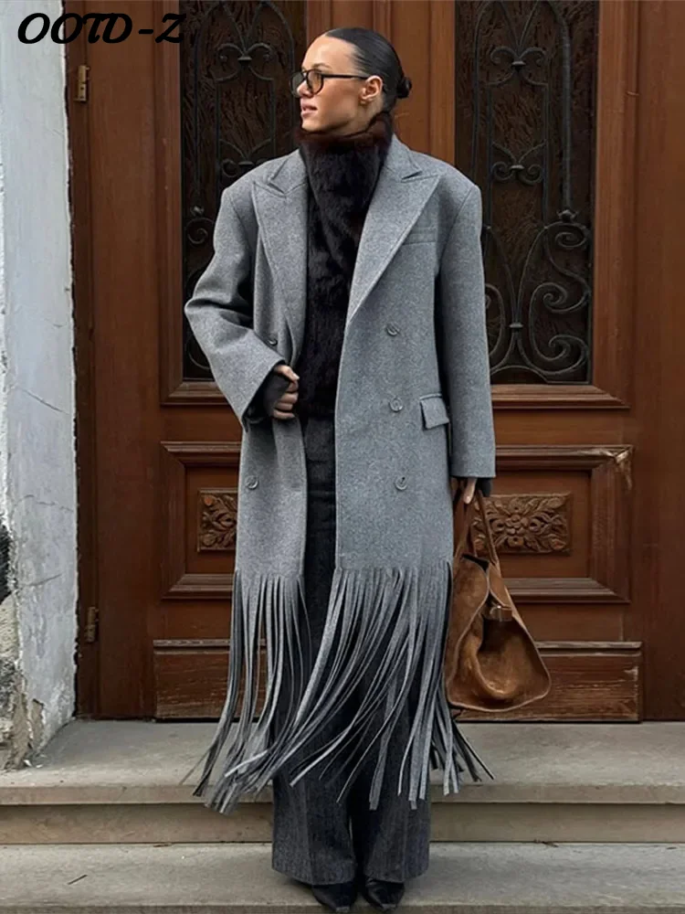 

Elegant Tassel Long Woolen Coats Women Loose Solid V-neck Double Breasted Long Sleeves Jackets 2025 Chic Autumn Street Outwears
