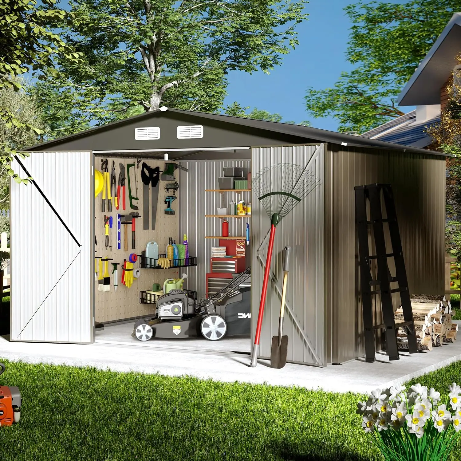 8' x10' Outdoor Metal Storage Shed, Outdoor Metal Shed, All-Weather Resistant Steel Garden Shed with Double, Customized