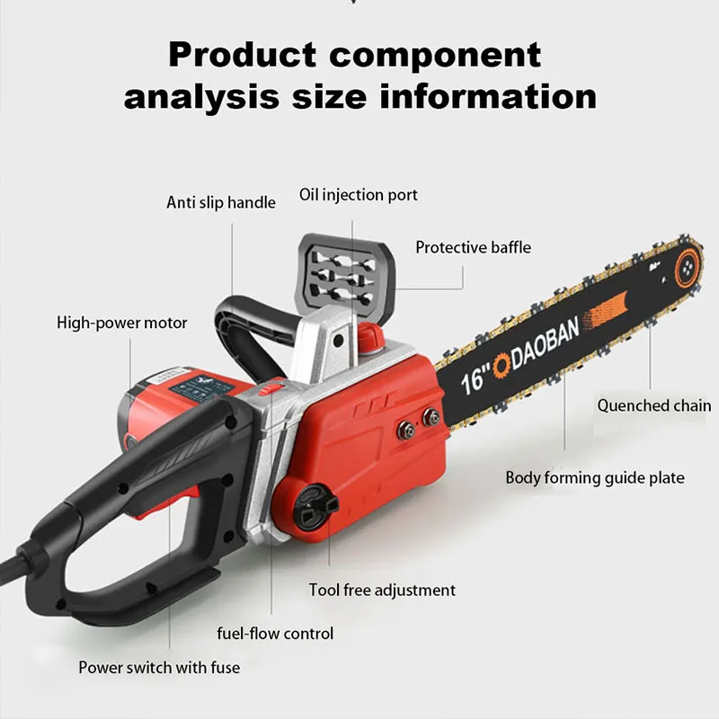 220V handheld AC Household Brushless Electric Chain Saw 12Inch Electric Chain Saw Garden Woodworking Pruning Power Tool