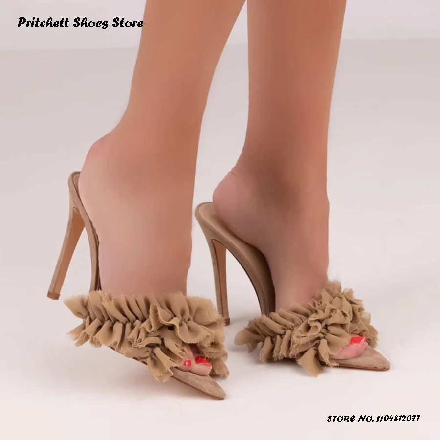 

Women's Sweet Pleated Tulle Mules Spring Summer Pull On Evening Fashion Slippers Pointed Open Toe Thin Heels Party Dress Shoes