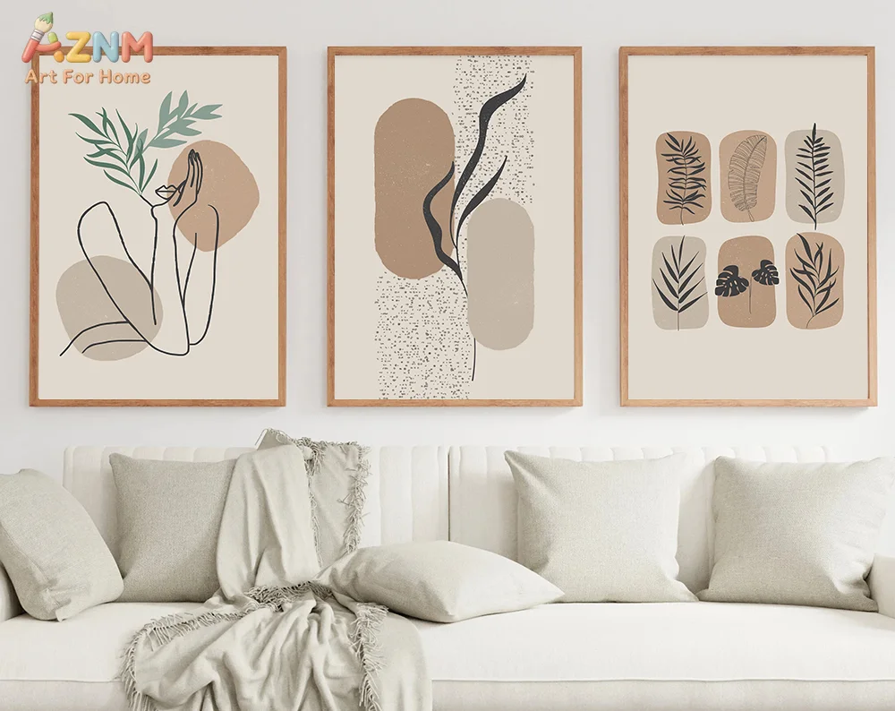 AZNM Neutral Boho Abstract Canvas Poster Frameless Wall Art Geometric Shape Palm Leaf Vase Inspirational Text Print For Living R