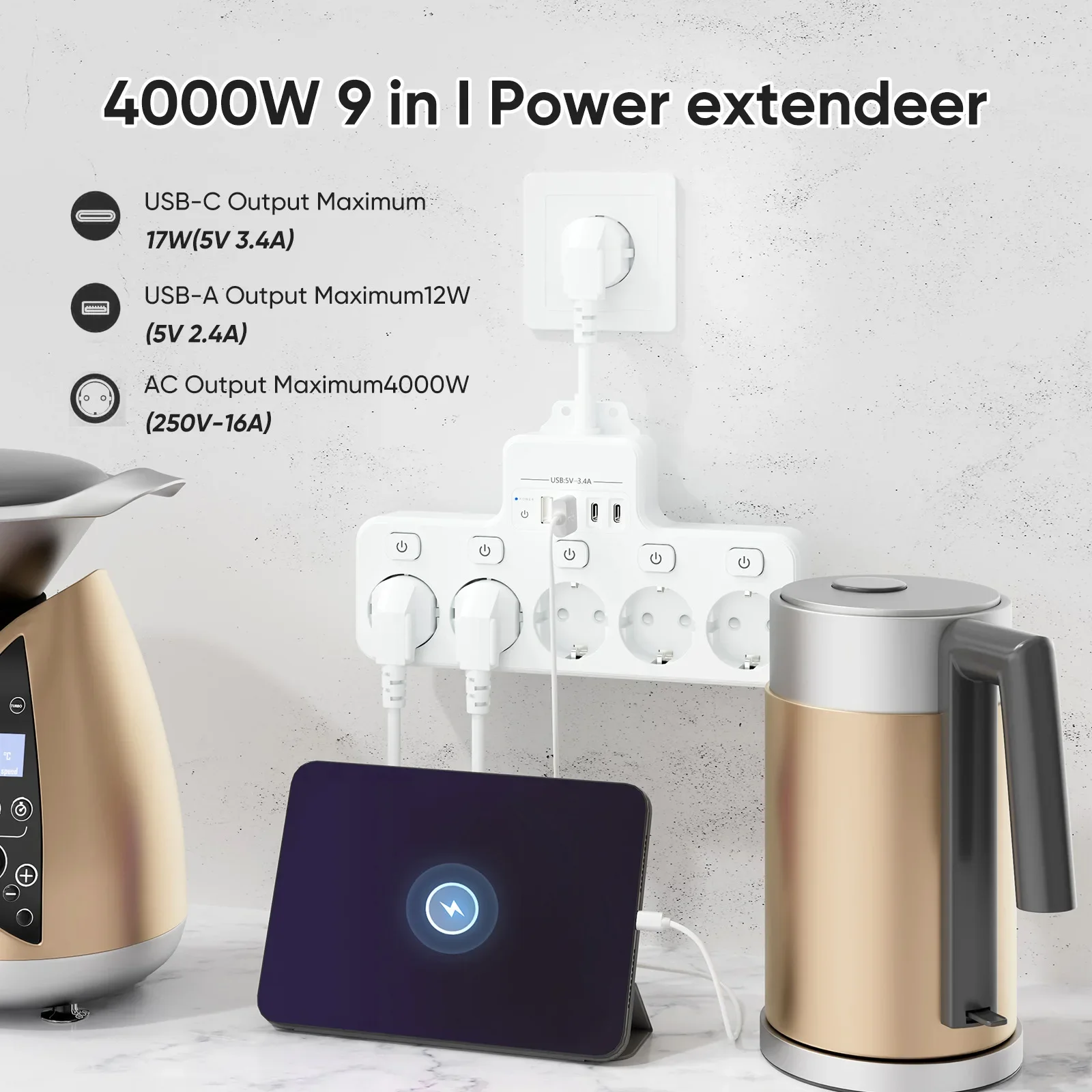 ヨーロッパプラグインショートケーブル5穴マルチポジションUSB TYPE-Cプラグインボード、ドイツおよびフランス規格の多機能ソケット