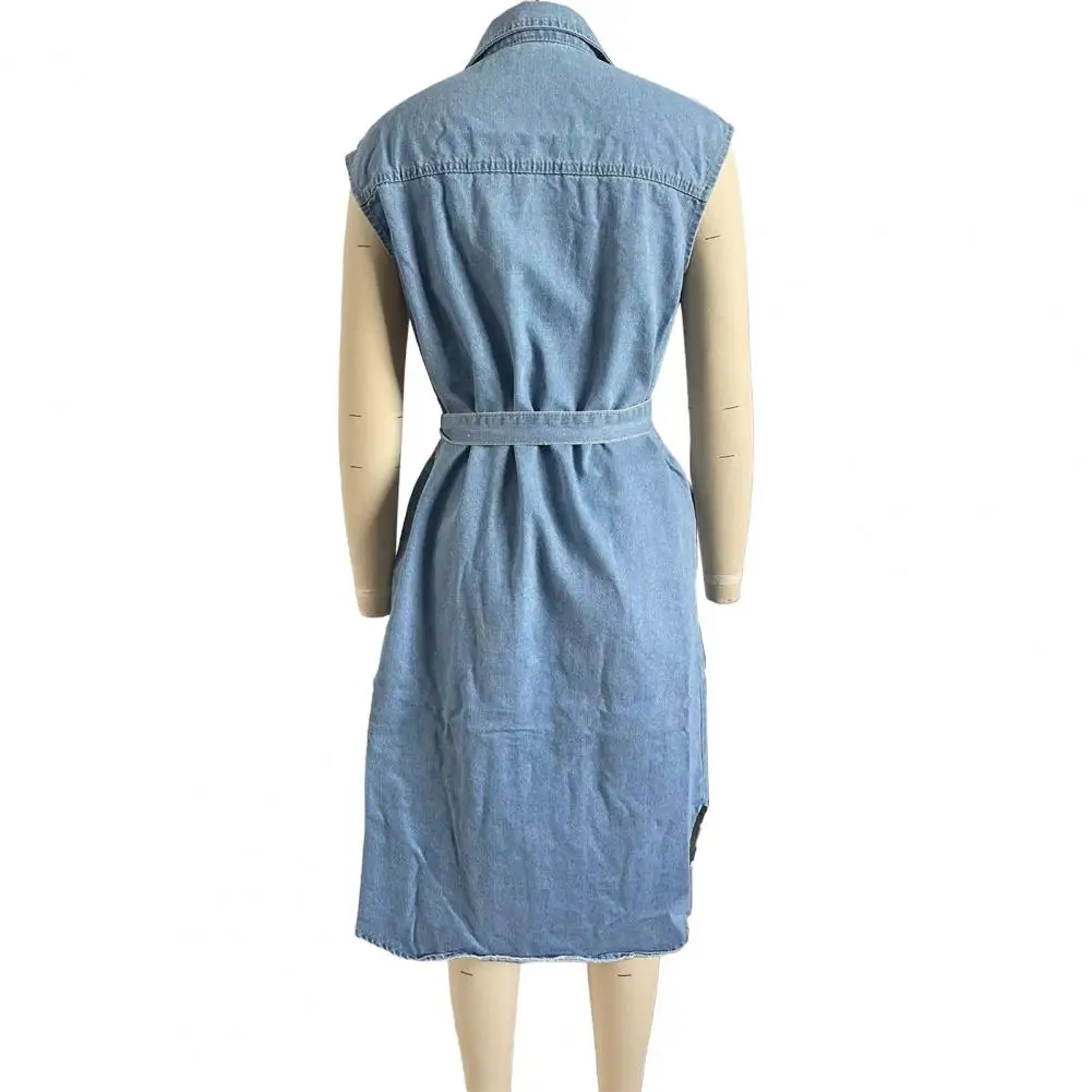 Vestido camisero vaquero para mujer, corte en A, cintura con lazo, vestido vaquero con solapa y botones, traje de fiesta de oficina de verano