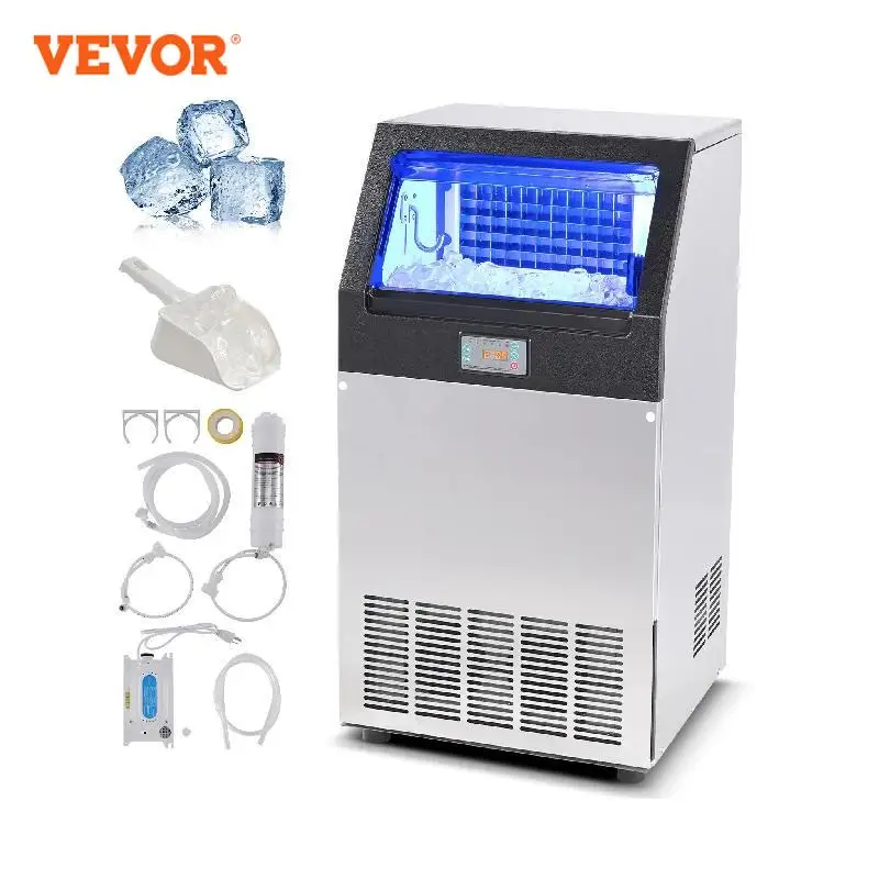 Vevor-Máquina Fabricante de Gelo Comercial, Display LED, 55 Cubos de Gelo em 12-15 Minutos, Gabinete Independente, 100lbs/24H