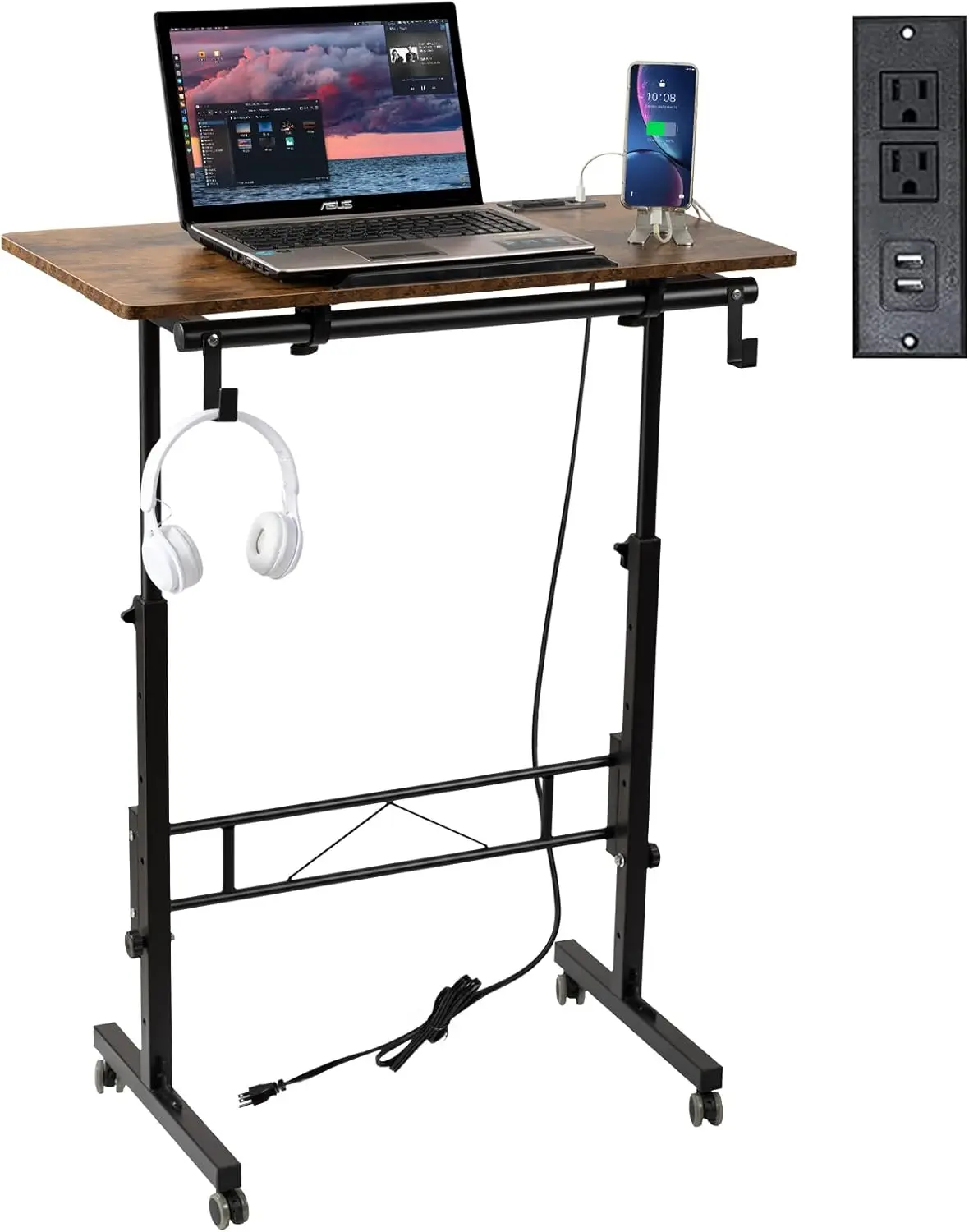 

Standing Desk Height Adjustable with Tiltable Tabletop, Rolling Laptop Desk with Charging Station, Sit Stand Portable Stand Up