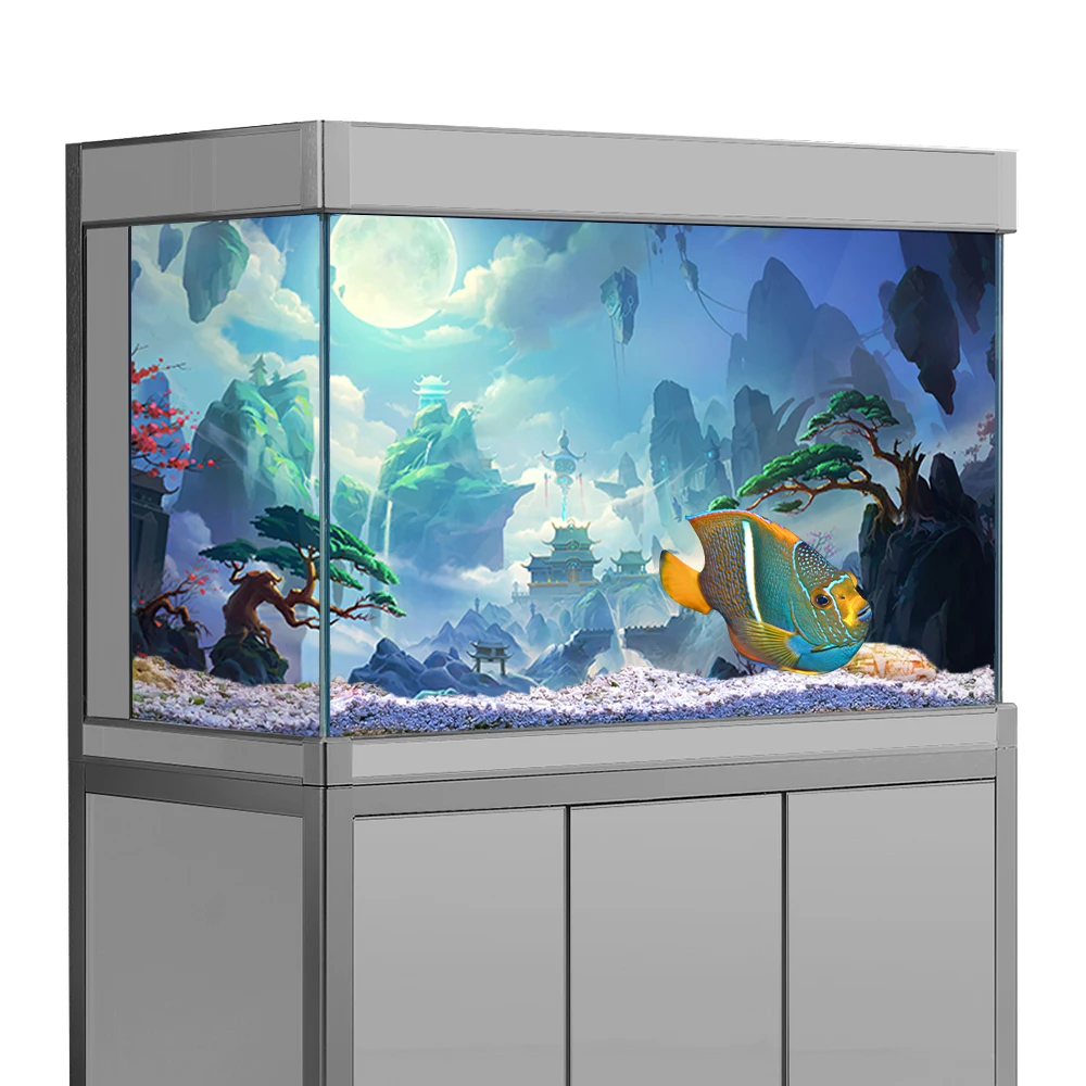 Fish Tank Background Sticker, Fantasy World Moon Mountain HD Printing Wallpaper Aquarium Backdrop Decorations PVC