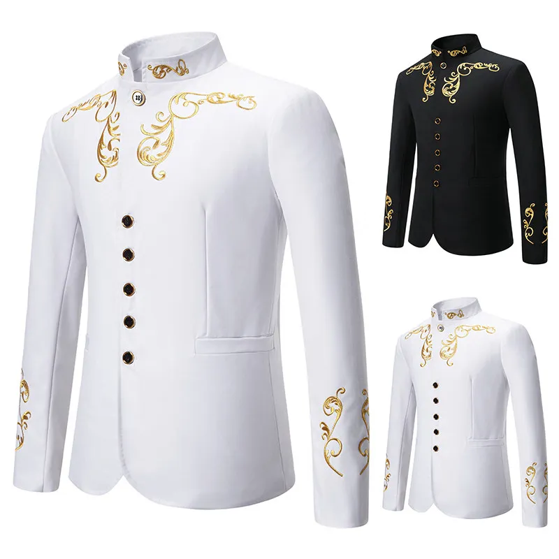 

Engli Sle Wedding Suit Jaet Embroidered Stand Collar Single Button Men's Chinese Sle Wedding Dr for plus Size