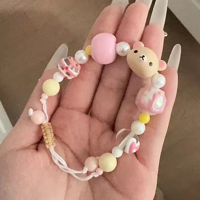 Rilakkuma Beaded Drawstring Bracelet Cute Cartoon Woven Hand Rope Kawaii Adjustable Braided Accessory for Girls Gift Decoration