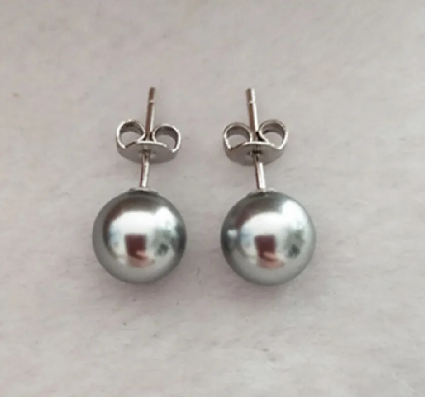 

Pair of 8-9mm Silver Gray Perfect Round Pearl Stud Earrings for Women Simple Wedding Party Jewelry Accessories Dangle ,hook 385